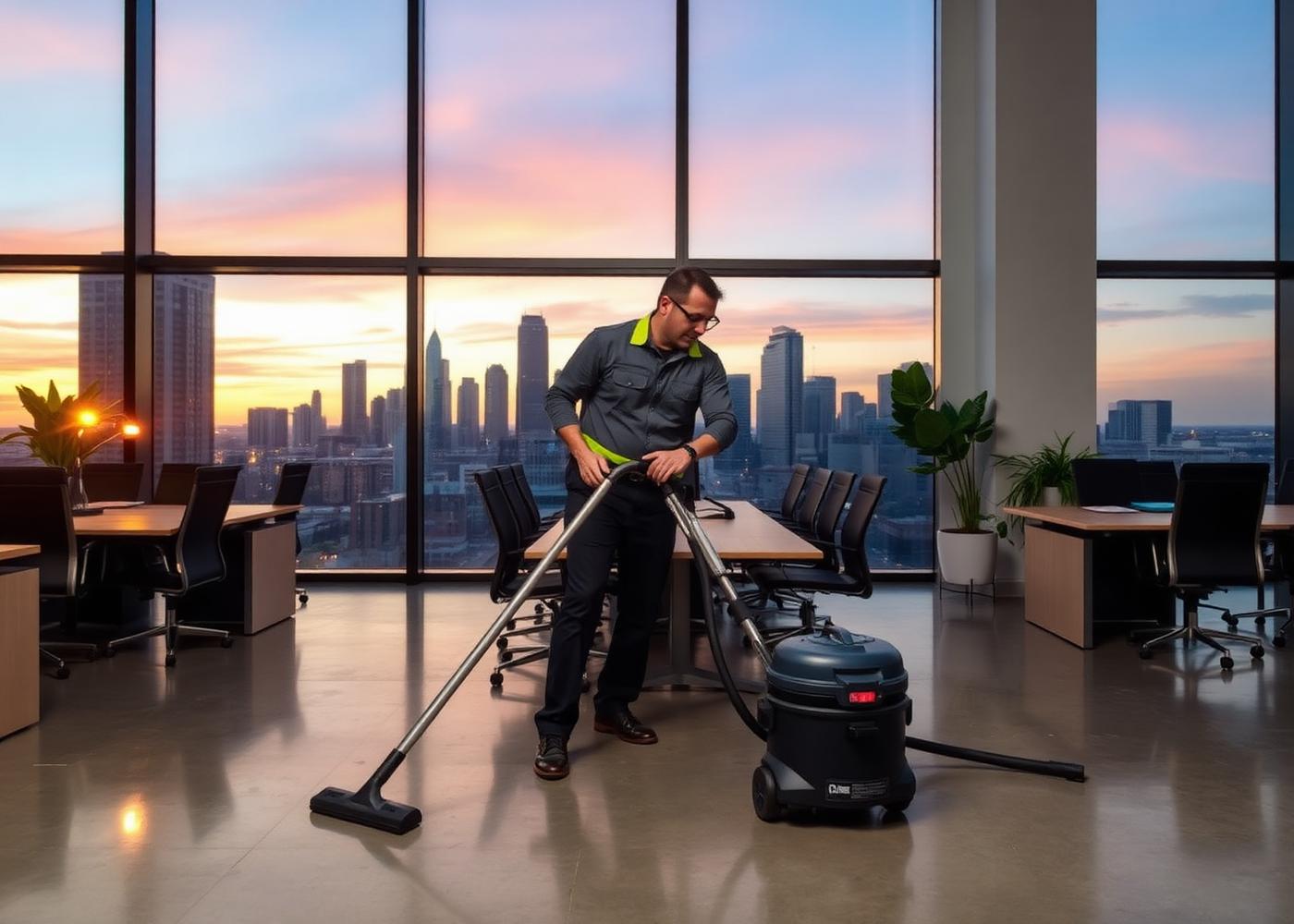 Commercial office cleaning with the Dallas skyline at dusk