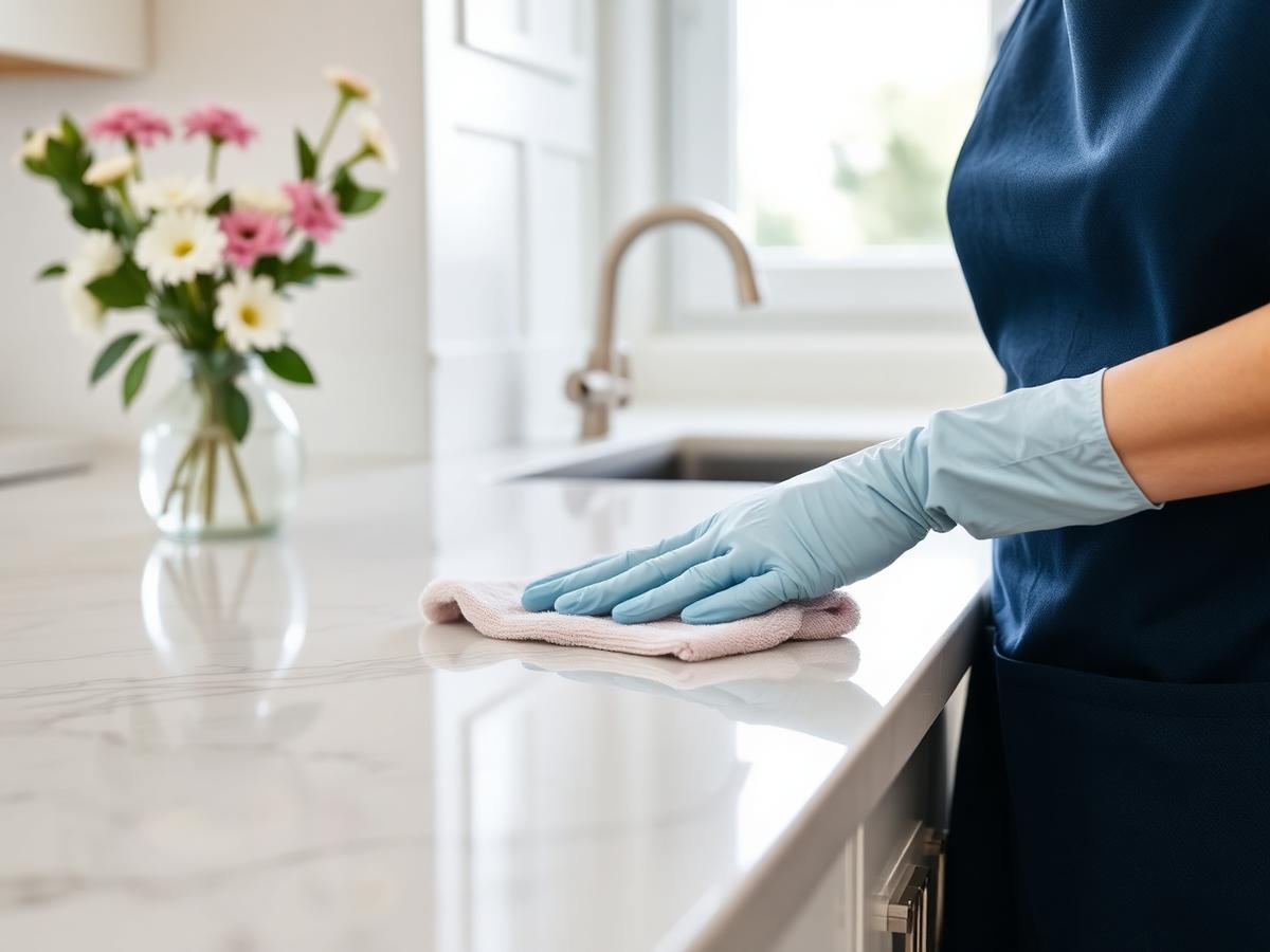 Close-up of a polished marble kitchen countertop after cleaning